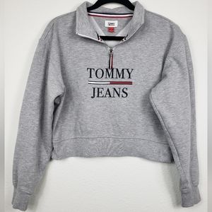 Y2K Tommy Hilfiger Jeans Grey Quarter Zip Pullover Collared Cropped Sweatshirt